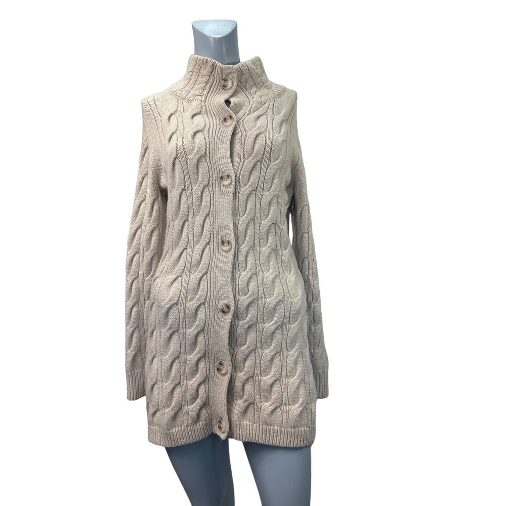 LL BeanM Beige Wool Blend Cardigan Jacket Turtleneck‎ Cable Knit Sweater